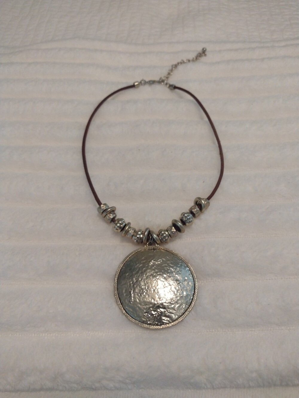Chico's Bold Medallion Statement Necklace Beaded Gold Tone Pendant Leather Strap
